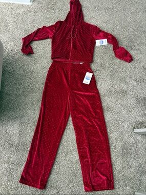 Velvet Red Rhinestone Hoodie & Bootcut Pants Set